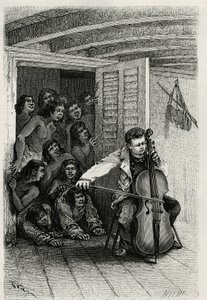 Portrait of the traveller author, playing the cello and attracting an audience of curious. Engraving by Th.Weber, to illustrate the story 