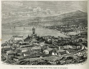 The city of Yalta, taken from Massandra, drawing by Th.Weber, to illustrate the story Four Months in Russia, in 1876, by F. De Mely. Engraving in Le tour du monde