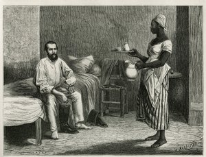 Portrait of the author and traveler, upon awakening, being served the cafe in his room by a young Haitian woman, engraving by T.Wust, to illustrate the story La republique d