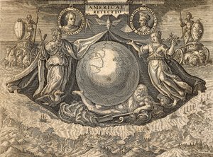 Allegory of West Indies or Americas, with Portraits of Navigators Christopher Columbus and Amerigo Vespucci