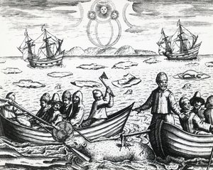 Aurora borealis and white bear hunting during third expedition led by William Barents in search of Northeast Passage in 1596, engraving by Theodore de Bry