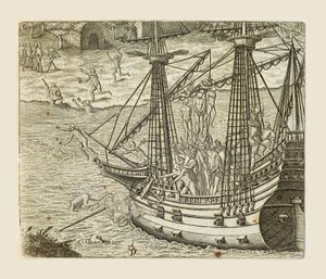 Bartolomeo Diaz Hanging Some Indians on Caravel, from Americae pars quarta, by Girolamo Benzoni by Theodore de Bry