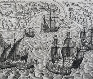 Battle in front of city of Matical in Bay of Bengal, engraving from Indiae Orientalis by Theodore de Bry