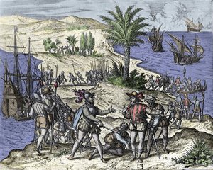 Christopher Columbus and his brother were arrested by Francisco de Bobadilla in 1500. Engraving by Théodore de Bry (1528-1598)