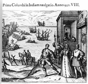 Christopher Columbus and the Pinzon brothers leaving the port of Palos in Spain on 03/08/1492 for the New World. Right The King and Queen of Portugal Catholic Ferdinand II of Aragon and Isabella I of Castile. Engraving by Theodore de Bry in Admirante by Theodore de Bry