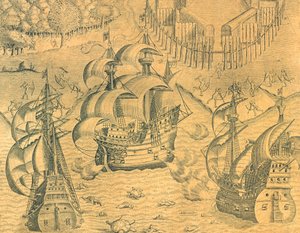Clash Between French and Portuguese Ships in the Atlantic Ocean for possession of Brazil by Theodore de Bry