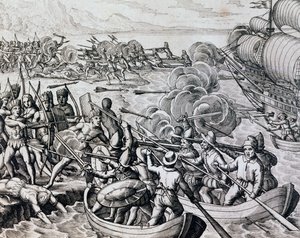 Clash between Native Indians and Spanish Troops, Engraving from Historia Americae, by Theodor de Bry, Frankfurt by Theodore de Bry