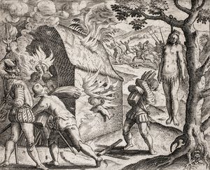 Description of crimes inflicted on Indians by Spanish settlers - Fire of an Indian village by the Conquistadors. Hanging - Engraving by Theodore de Bry in 