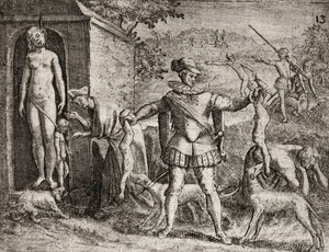 Description of crimes inflicted on Indians by Spanish settlers - Spanish Conquistadors massacring Indian women and children. Hanging. Children thrown to dogs - Engraving by Theodore de Bry in 