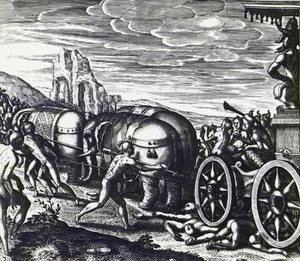 Devotees being crushed by chariot during procession of idol, engraving by Theodor de Bry by Theodore de Bry