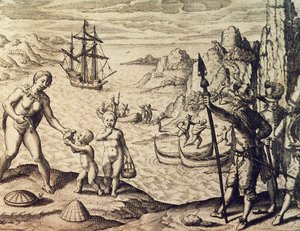 Dutch captain Sebalt de Weert landing on the coast of Guiana, from Historia americae