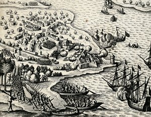 Dutch expedition along coast of Mozambique, engraving from India orientalis by Theodore de Bry