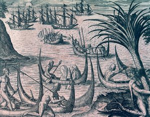 Dutch ships in Strait of Magellan, engraving from American History