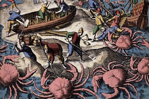 European navigators fighting big crab. Engraving from Petities voyages aux Indes Orientales by Theodore de Bry by Theodore de Bry