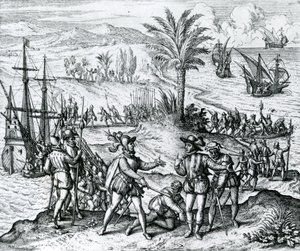 Francisco de Bobadilla Arriving as Governor and Arresting Christopher Columbus in Hispaniola, 1500 by Theodore de Bry