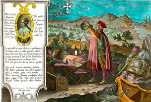 History of America: Amerigo Vespucci (Americus Vespucius) (1451/1454-1512), Italian merchant and navigator uses his astrolabe to measure the Southern Cross. Left portrait of the Italian poet Dante Alighieri (1265-1321) and a passage of the first song of th