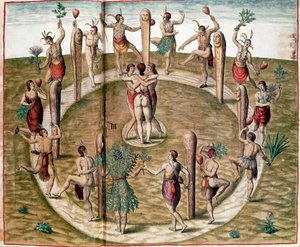 History of America: Ritual Dance to Celebrate Friendship. Engraving by Theodore de Bry (1528-1598). 16th century Vincennes, Historical Museum of the Navy by Theodore de Bry