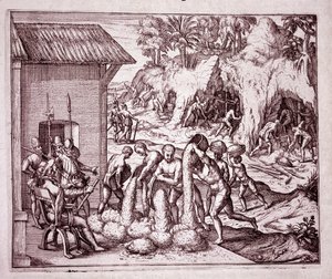 History of America: the Spanish exploit the gold mines (Engraving) by Theodore de Bry