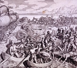 How the Spanish landed in the Island of Haiti, with 400 men which led to a great battle with the natives, illustration from 