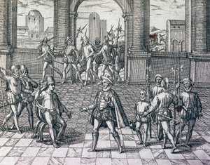 Inca Emperor Atahualpa being taken prisoner by Spaniards in Cajamarca, Peru, engraving from American History