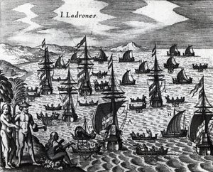 Islands of Thieves, engraving from Peregrinationes, by Theodor de Bry. 16th century by Theodore de Bry