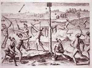 Native Americans practicing running, shooting arrows, and throwing ball, Florida (Engraving) by Theodore de Bry