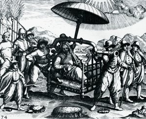 Portuguese in India, being transported on litter, engraving from Peregrinationes by Theodore de Bry