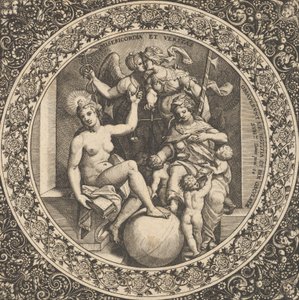 Scene with Misericordia and Veritas in a Circle at Center by Theodore de Bry