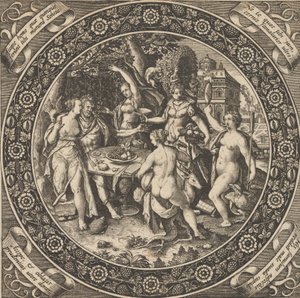 Scene with a Feast of Love in a Circle at Center by Theodore de Bry
