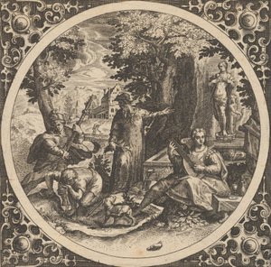 Scene with a Warning Against Venereal Disease in a Circle at Center, 1580-1600 by Theodore de Bry
