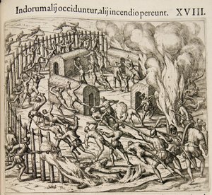 Some Indians Are Killed, Some Perish in a Fire. From: Americae Pars Qvarta by Theodore de Bry