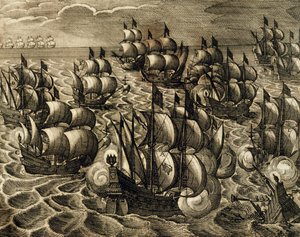 Spanish Armada command of Rodrigo Mendoza, engraving from History of America by Theodore de Bry