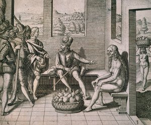 Spanish Conquerors Meeting Native Women in America by Theodore de Bry