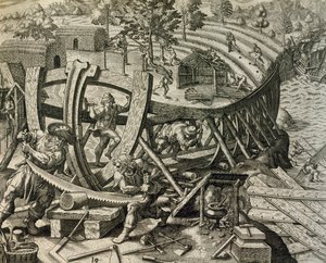 Spanish Seamen Building Caravel, from Historia Americae by Theodore de Bry