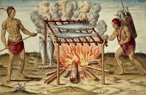 Taino Natives Cooking Fish, from Brief and True Report of New Found Land of Virginia by Theodore de Bry