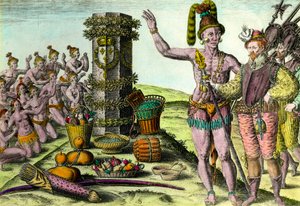 The Floridians came to the column erected by the French navigator Jean Ribault (1520-1565) of the first expedition to Florida. Engraving from History of America by Theodore De Bry (1528-1598) by Theodore de Bry