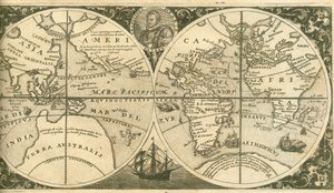 Title page of Americae Pars VIII with a portrait of Francis Drake and his ship, the Golden Hind by Theodore de Bry