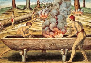Virginia natives building a piroga by Theodore de Bry