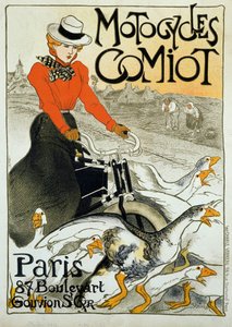 Advertising poster for Comiot motorcycles. A young woman on a moped among a group of geese. Poster by Theophile Alexandre Steinlen (1859-1923). 1899. Paris, Decorative Arts by Théophile Alexandre Steinlen