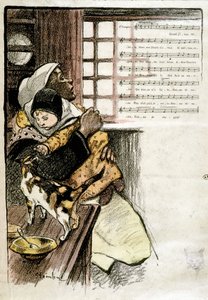 Child in the arms of a woman playing with a cat, illustrated by Steinlen for sheet music, 19th century