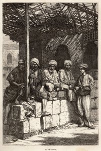 An Armenian cafe, a place of masculine conviviality, to drink coffee and smoke the pipe, engraving after a drawing by the author, illustrating the journey in Lazistan and Armenia by Theophile Louis Deyrolle