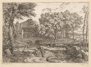 Arcadian Landscape with a Herd of Goats by the Water and a Mother with Child on a Path with Other Figures by Théodore