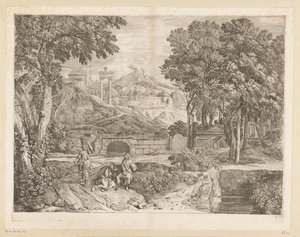 Arcadian Landscape with Two Men and a Fruit-Bearing Woman by Théodore