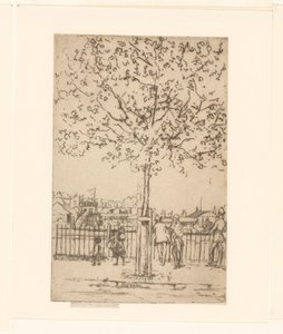Six figures by a fence along a river, with a tree in the foreground by Théodore Roussel (signed by artist)