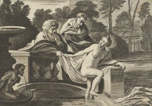 Susanna, Partly Naked and Stepping Out of a Fountain with Two Elders at Left
