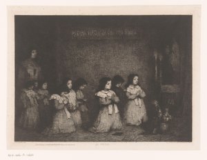 Group of Girls Praying Before a Statue of Mary (The Prayer) (Eaux-Fortes Modernes: Originales et Inédites) by Théodule Augustin Ribot