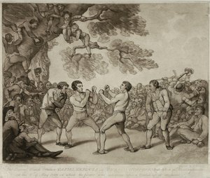 The Boxing Match between Daniel Mendoza and Richard Humphreys at Stilton, Huntingdonshire, 6th May 1789, Engraved by Joseph Grozer by Thomas (after) Rowlandson