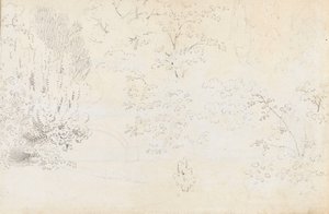 A study in graphite of the bridge and trees from the west