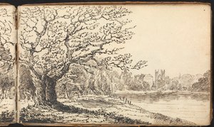 Album of Landscape and Figure Studies: Trees Alongside a River with Buildings in the Distance by Thomas Bradshaw