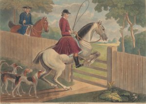Hunting [two of a set of twelve]: 7. [A rider putting horse to a gate] by Thomas Burford